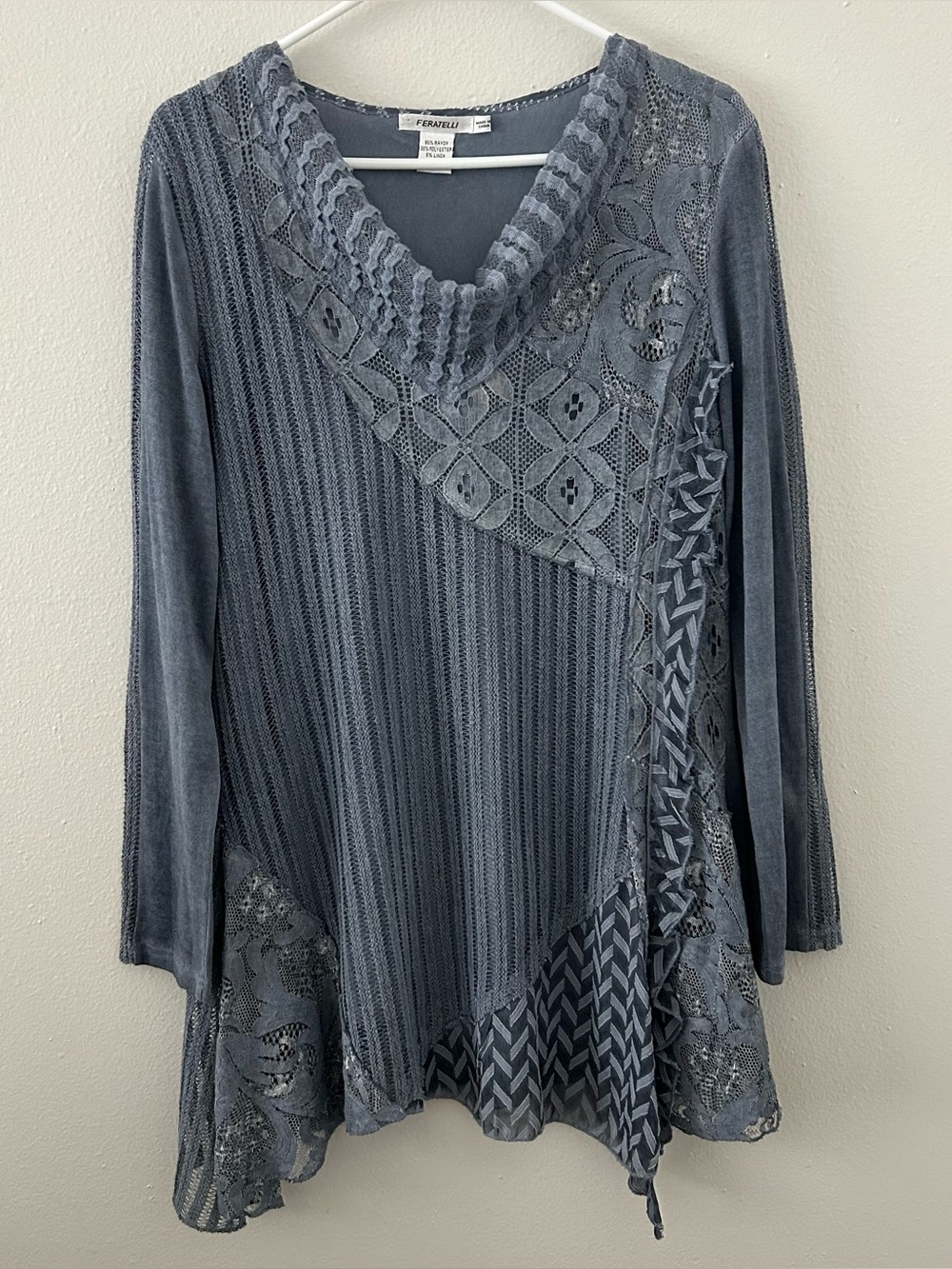 Feratelli Tunic Top XL Blue Lace Asymmetric Linen Blend Boho Artsy Lagenlook